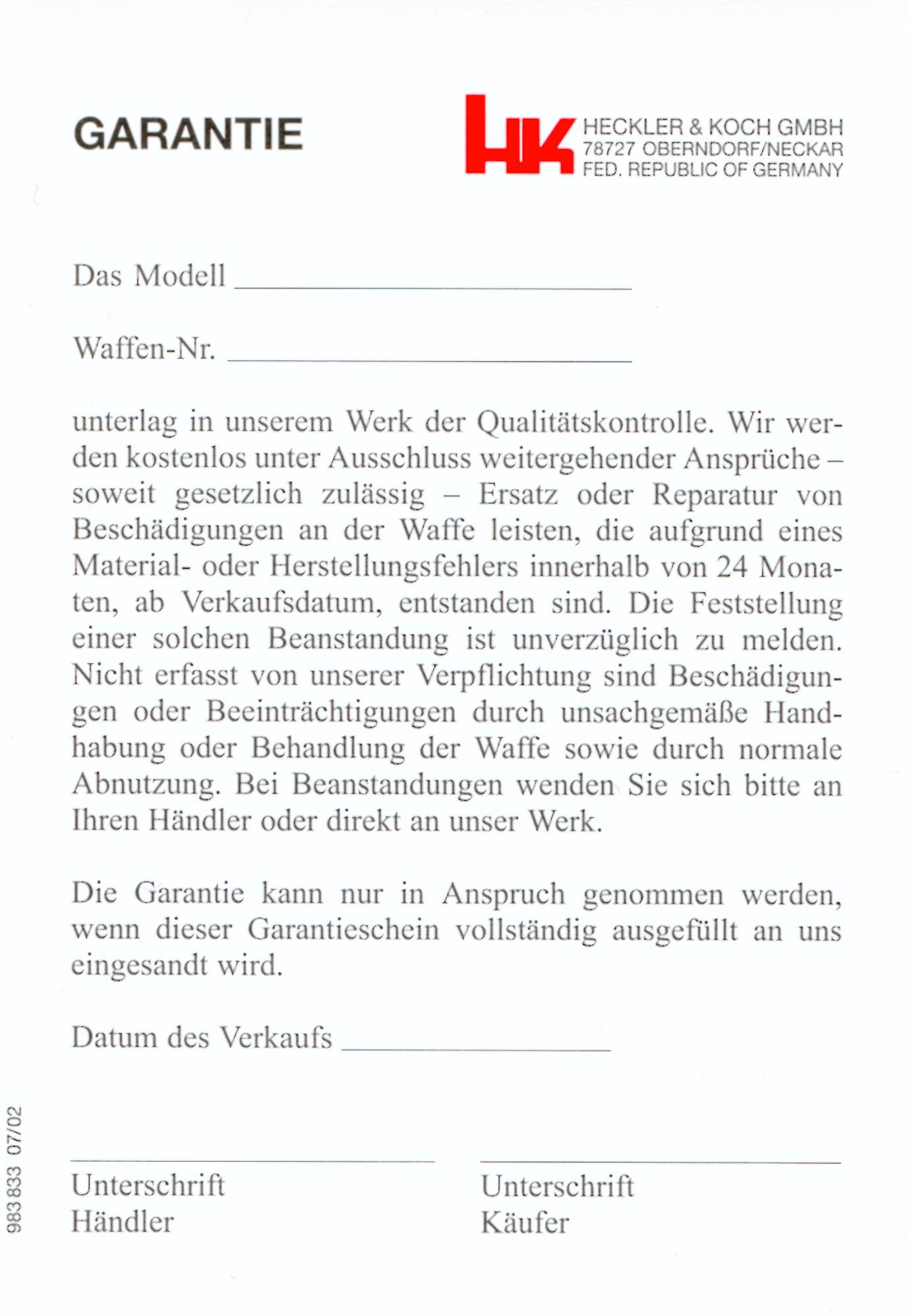 Original Heckler und Koch Garantiekarte