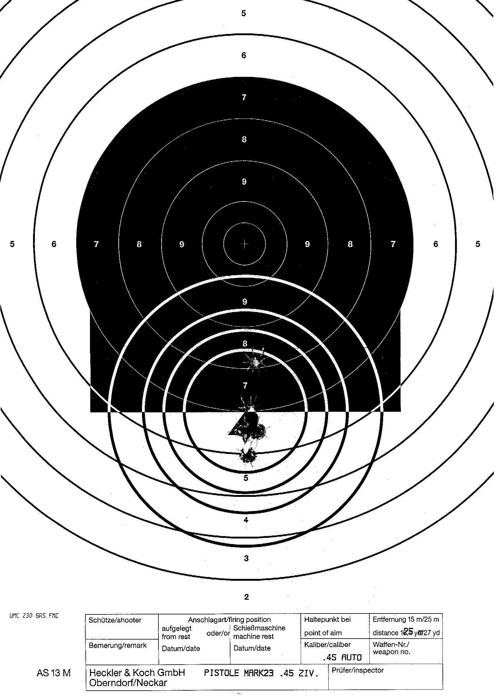 Pistole Mark 23:Original Heckler und Koch Beschuss Zielscheibe, die mit einer neuen Waffe geliefert wird